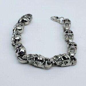 14K White Gold Womens Chain Link Skull Bracelet 14 Karat Silver Skulls Jewelry